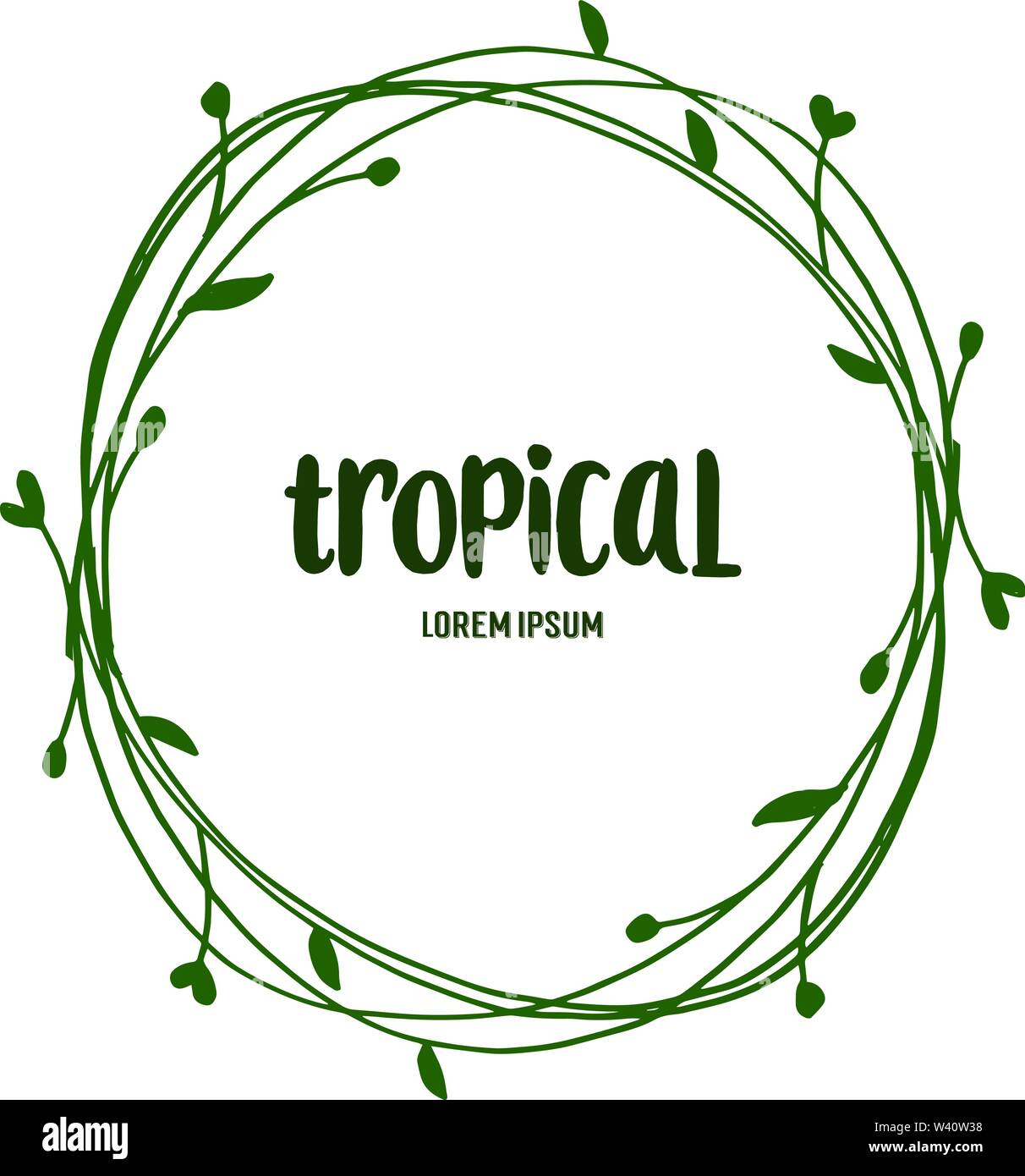Tropical with place for your text, red floral frame and leaves round ...