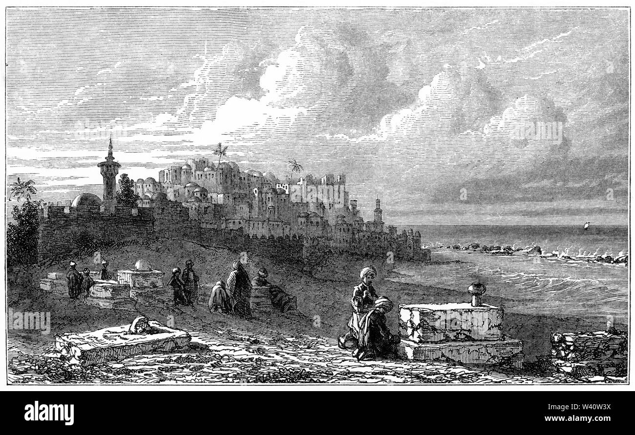 Engraving of the port of Jaffa, or Joppa, in ancient Israel. From In the Holy Land, byt Andrew Thomson, 1874 Stock Photo