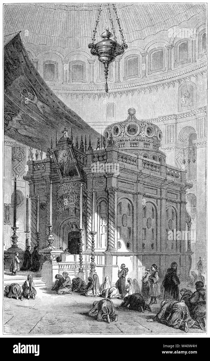 Engraving of the church of the Holy Sepulchre in Jerusalem, from In the Holy Land by Andrew Thomson , 1874 Stock Photo