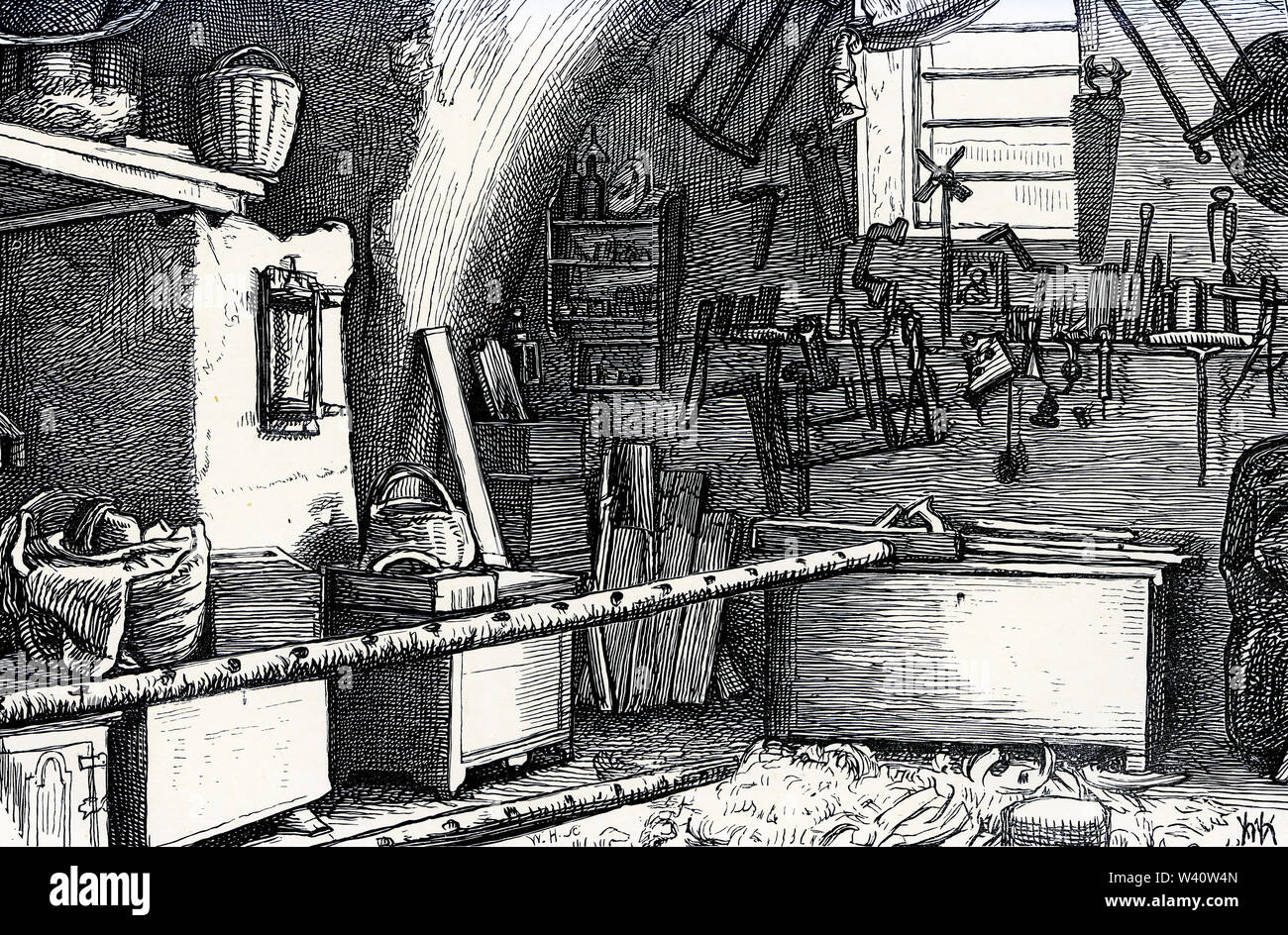 Engraving of a carpenter's shop in ancient Nazareth at the time of