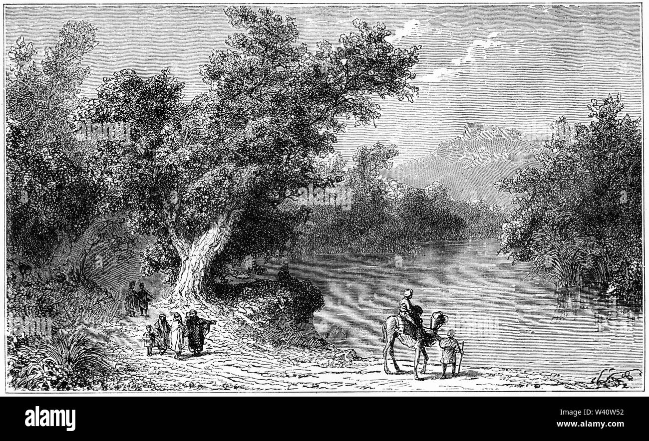 Engraving of the Jordan River, in ancient Israel. From In the Holy Land, by Andrew Thomson, 1874 Stock Photo