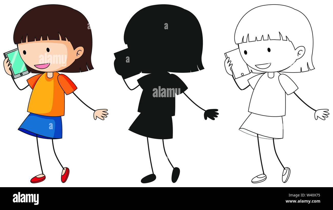 A set of characters in color, silhouette and outline illustration Stock Vector