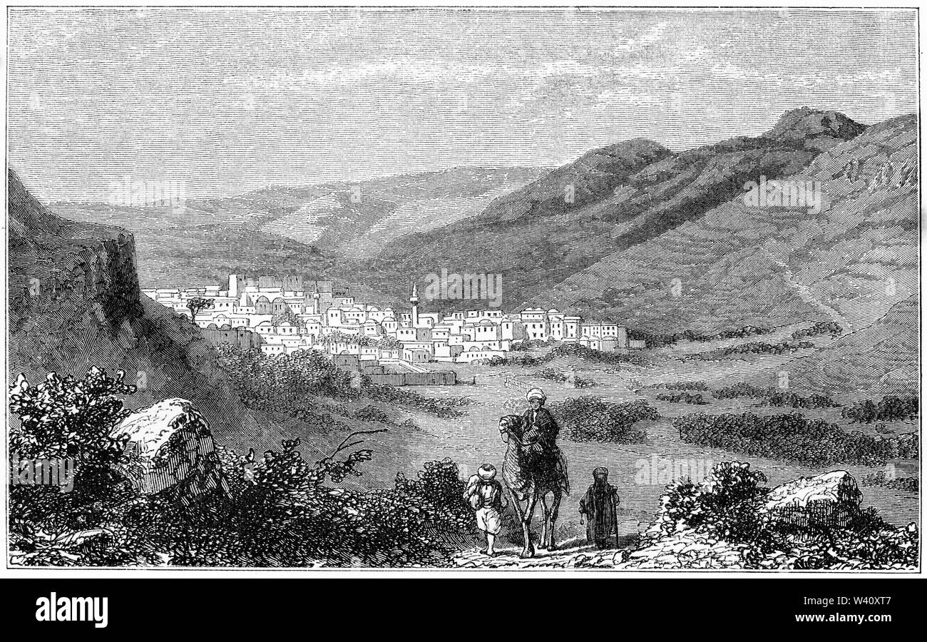 Engraving of Sychar, with Mounts Ebal and Gerizim Stock Photo