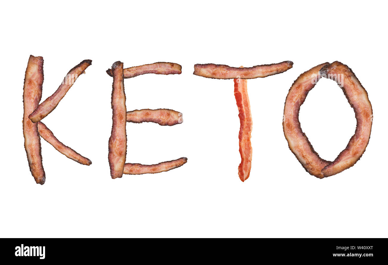 Ketogenic or keto diet  letters from bacon isolated on white background Stock Photo