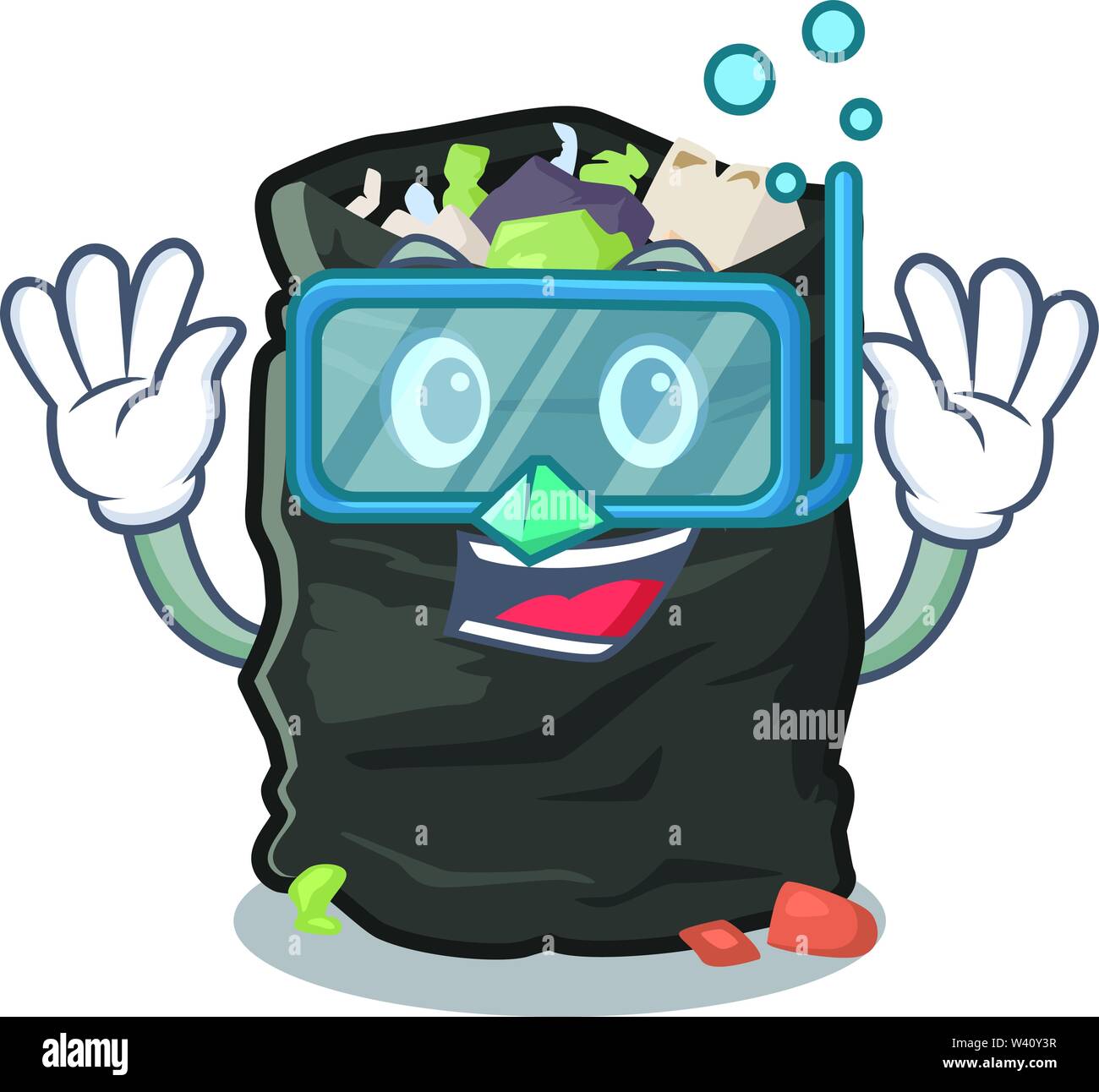 Diving garbage bag in the cartoon shape vector illustration Stock