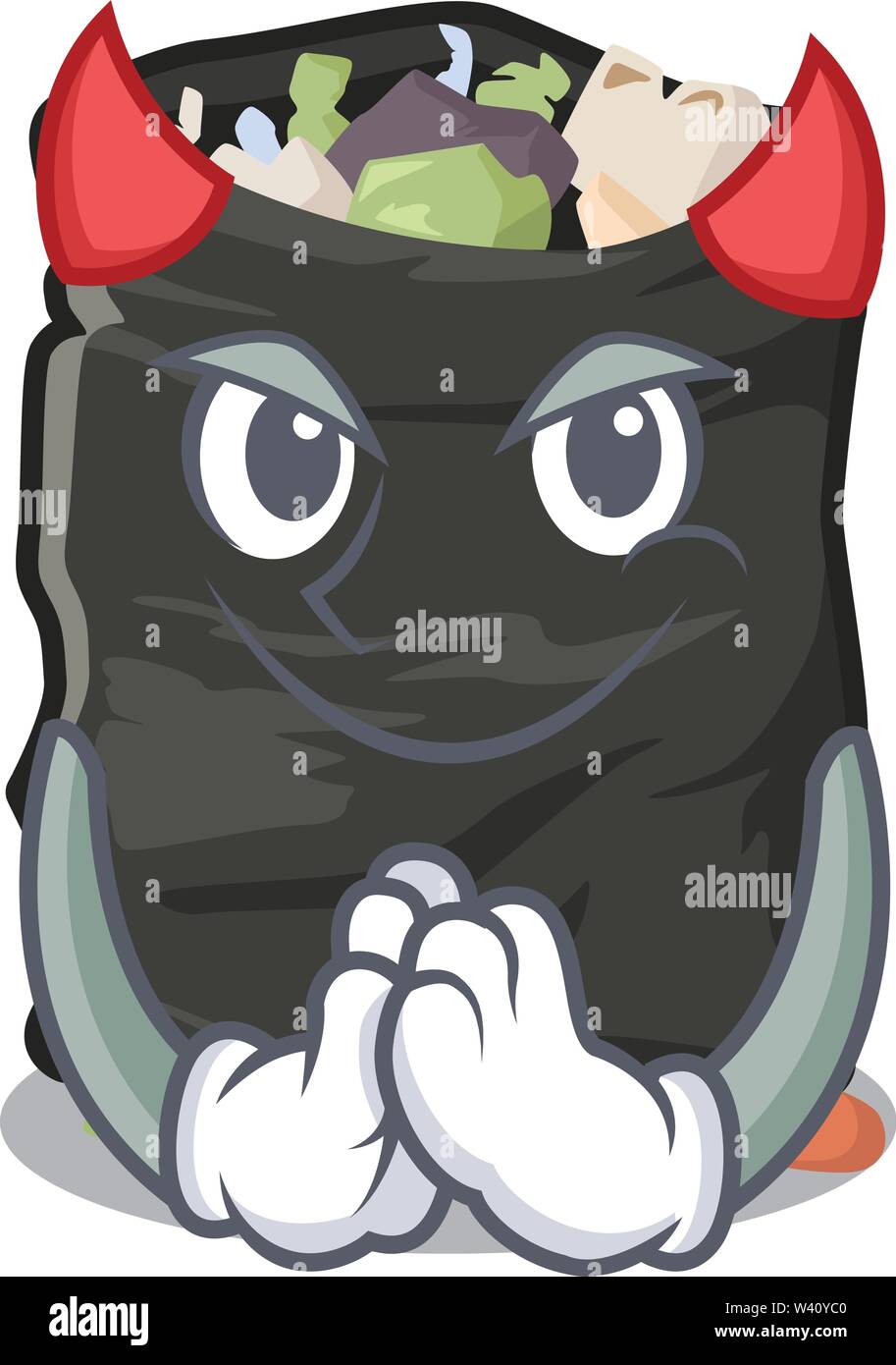 Devil Garbage Devil cartoon garbage bag next to table vector illustration Stock ...