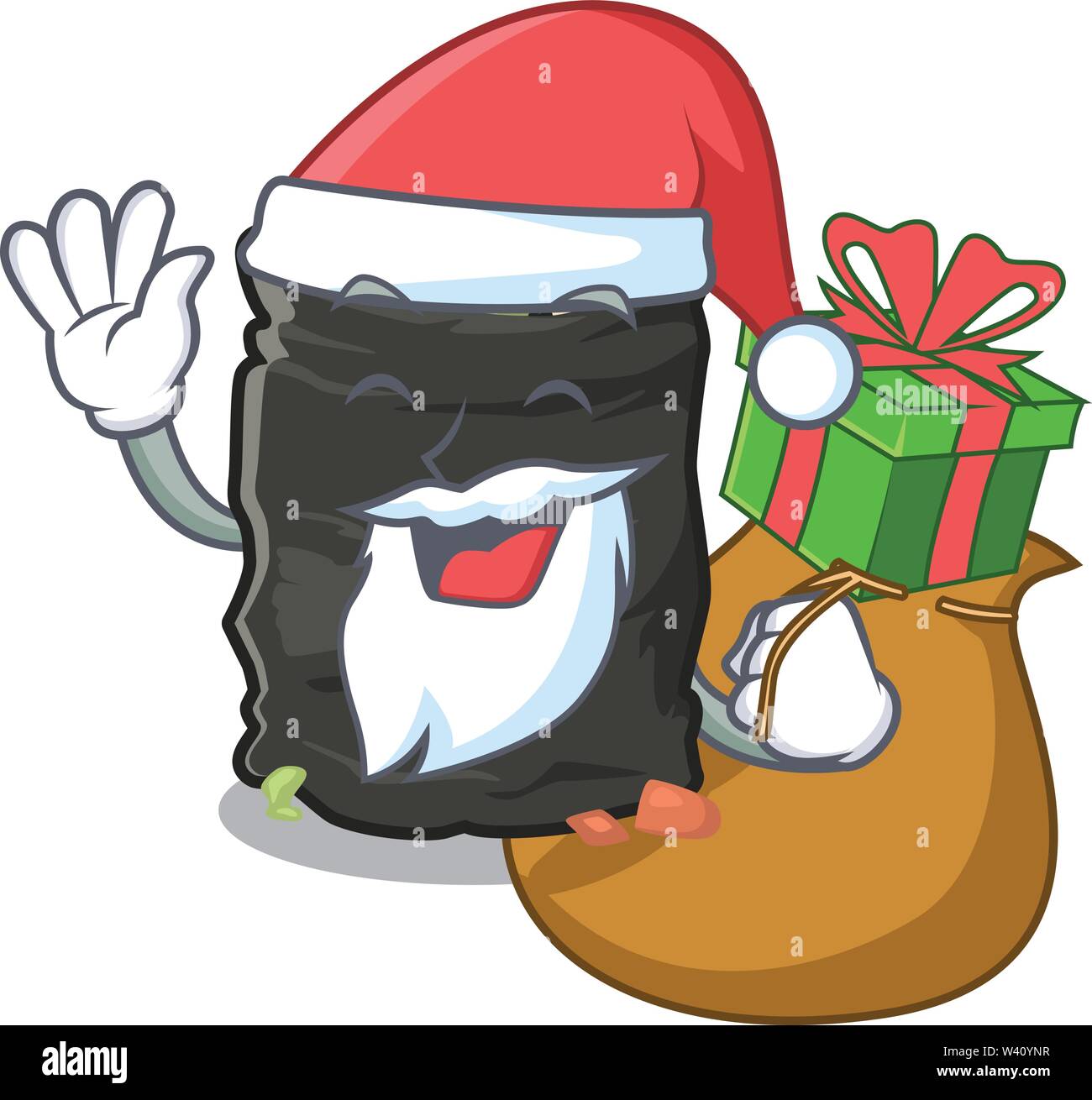 Santa with gift garbage bag behind the character door vector illustration Stock Vector