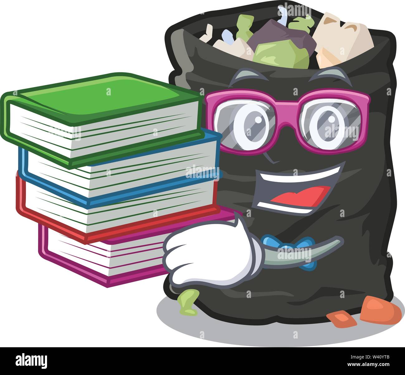 Student with book garbage bag behind the character door vector illustration Stock Vector
