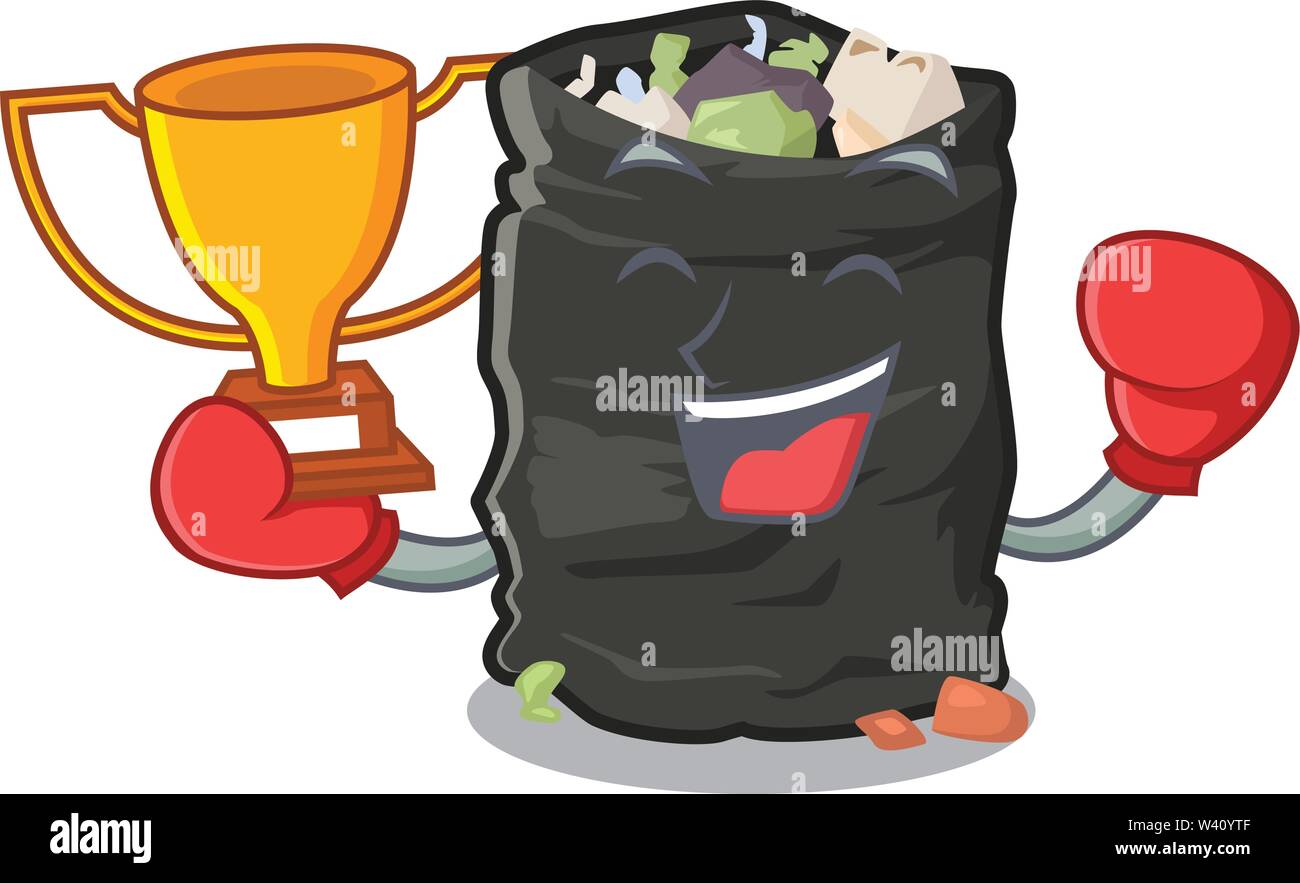 Boxing winner garbage bag behind the character door vector illustration Stock Vector