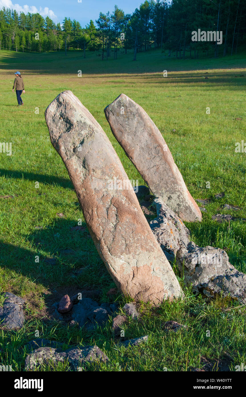 Deer stones and burial site, Bulgan aimag, Mongolia Stock Photo