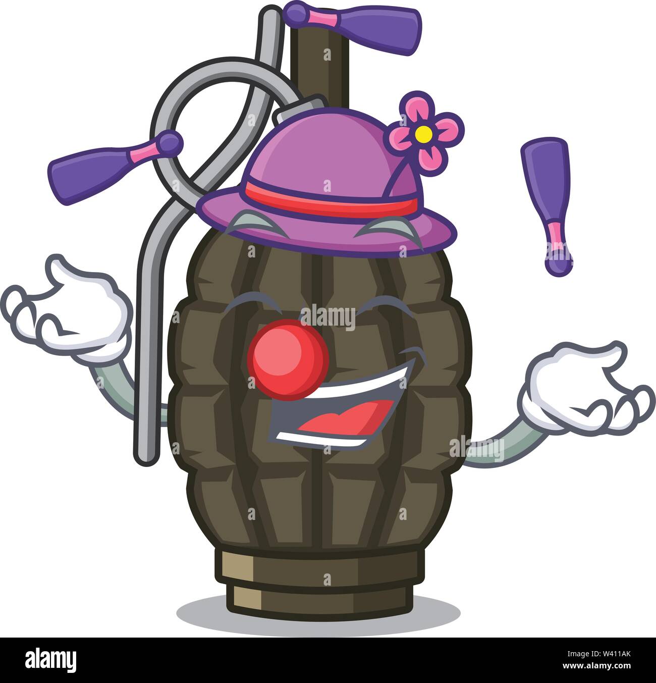 Juggling grenade toys above wooden cartoon table vector illustration