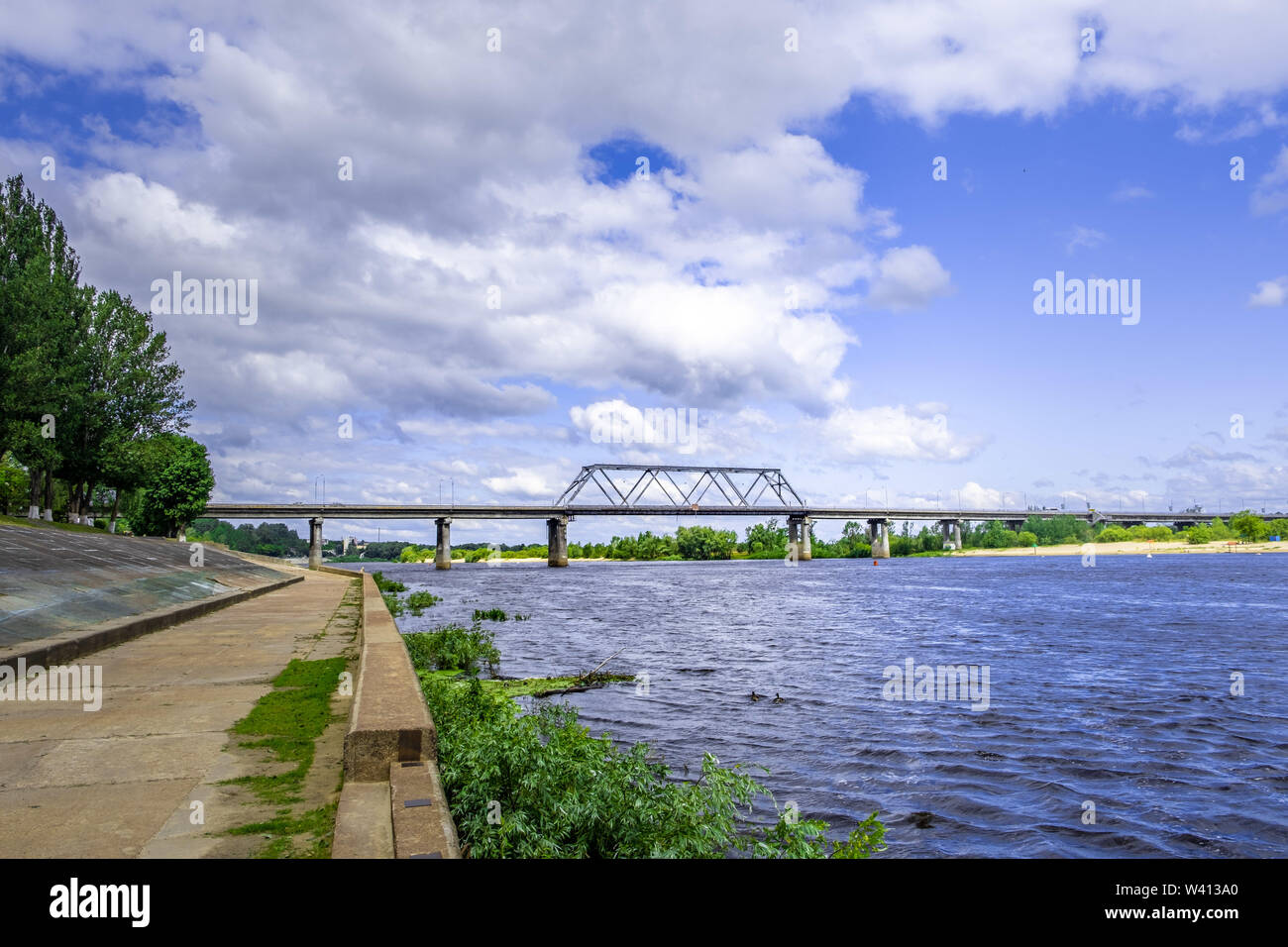 Bridge over Pripyat river on cloudy day in Belarus Stock Photo