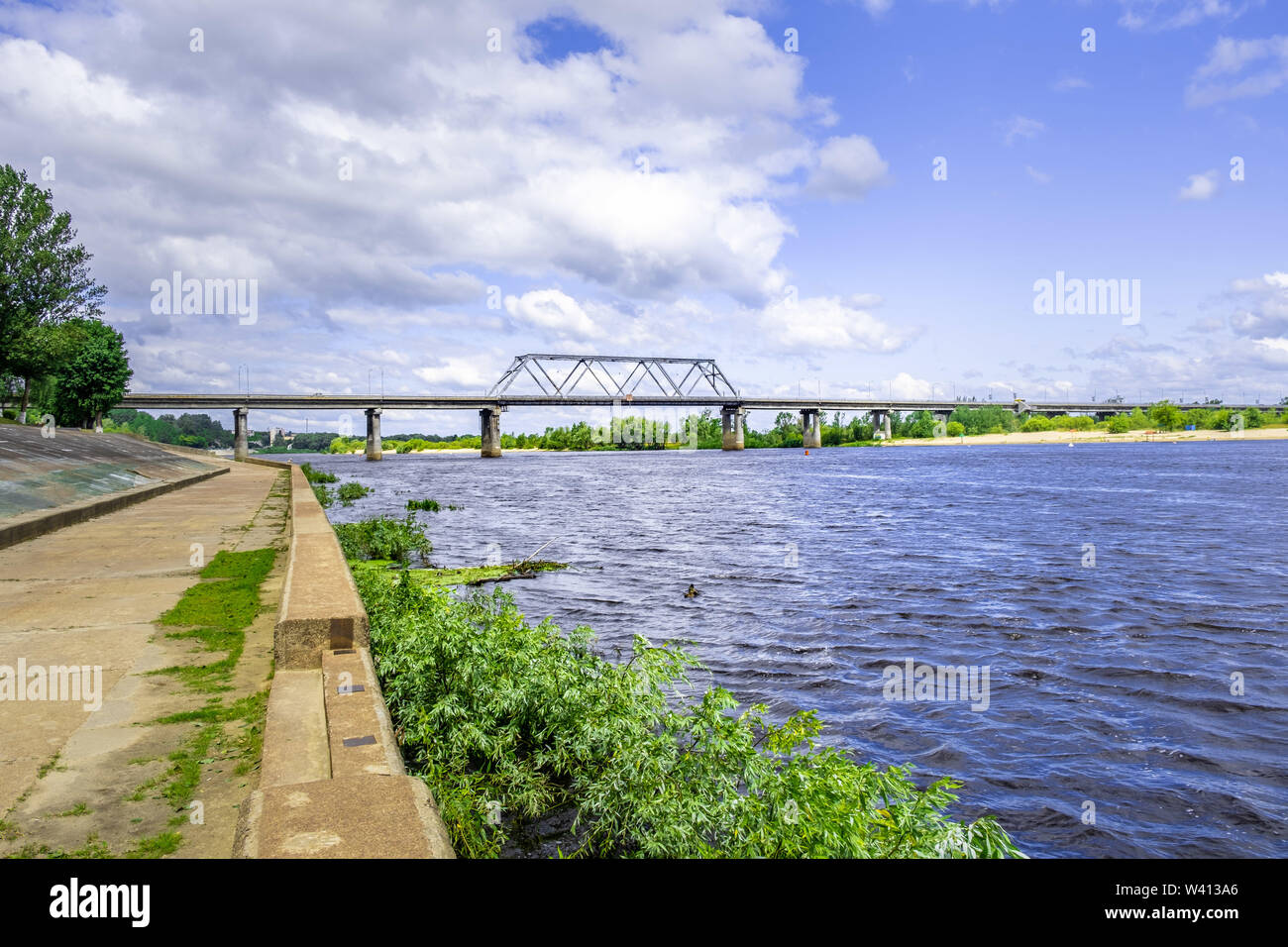 Industrial bridge over Pripyat river in Belarus Stock Photo