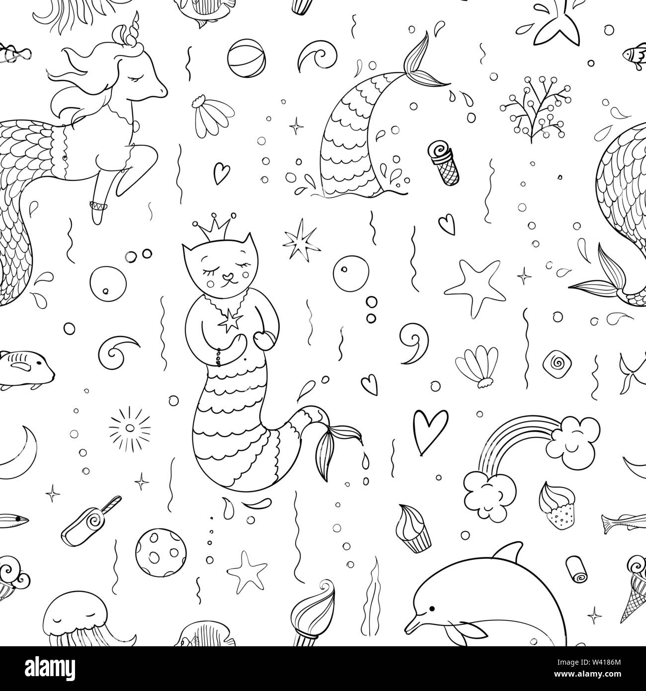 Seamless pattern with fantasy doodles of mermaid theme. Decorative  background for kids girl textile with tails, cat, unicorn and other mermaid  stuff Stock Vector Image & Art - Alamy