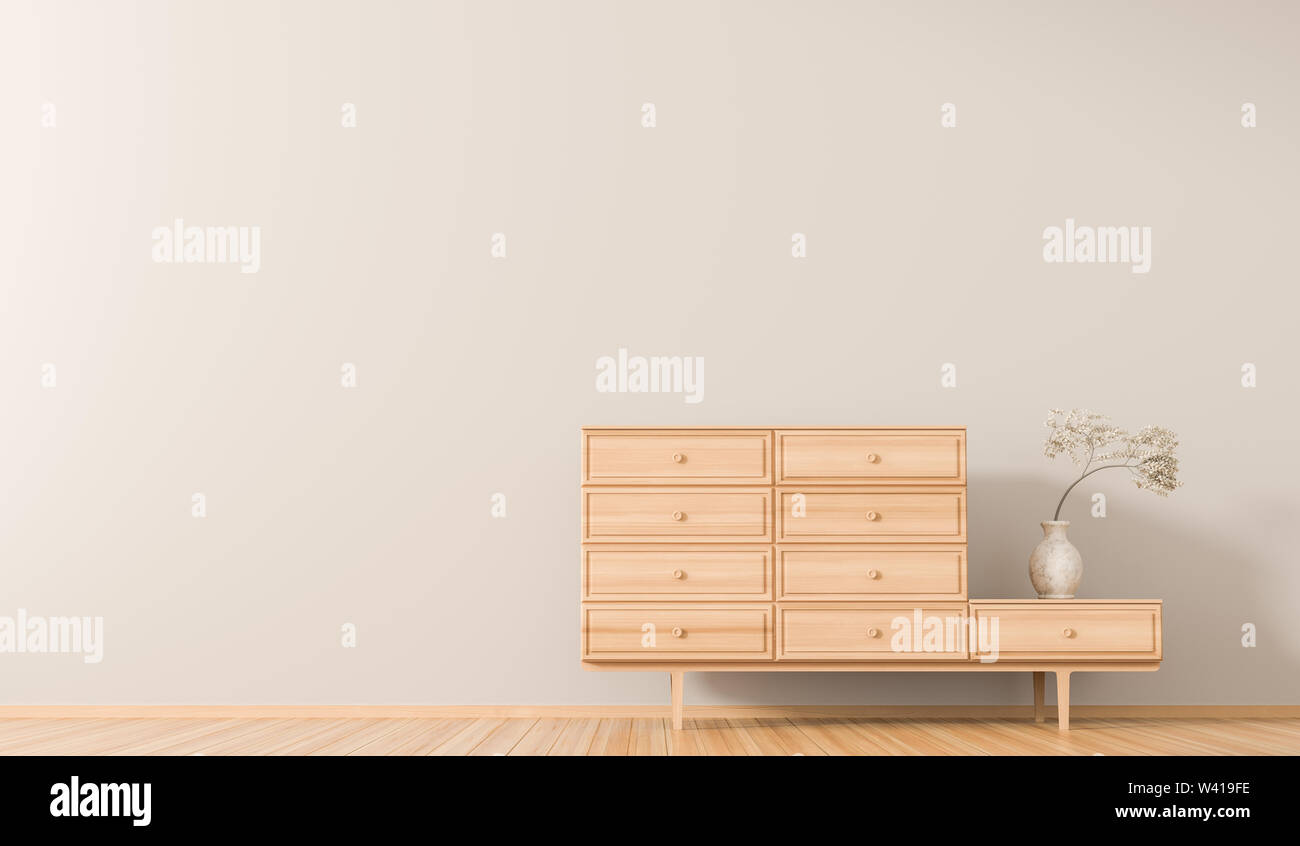 Empty wall in scandinavian style interior with wooden furnitures