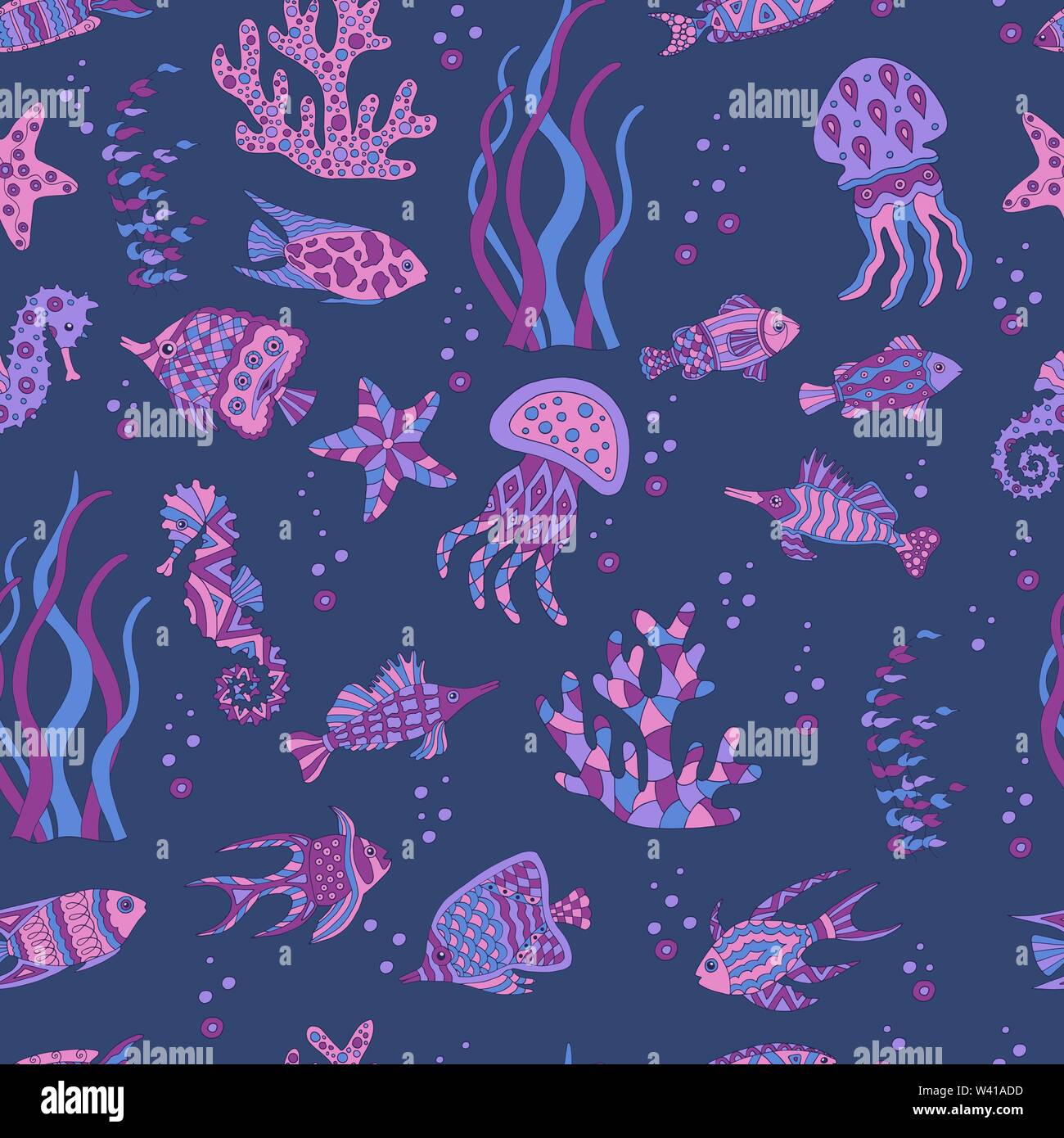 Cute abstract seamless pattern with sea fish, starfish, coral, seahorse ...