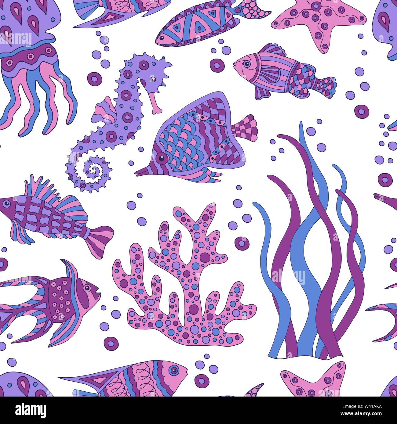 Sea Fisf Pattern Cute abstract seamless pattern with sea fish, starfish, coral, seahorse ...