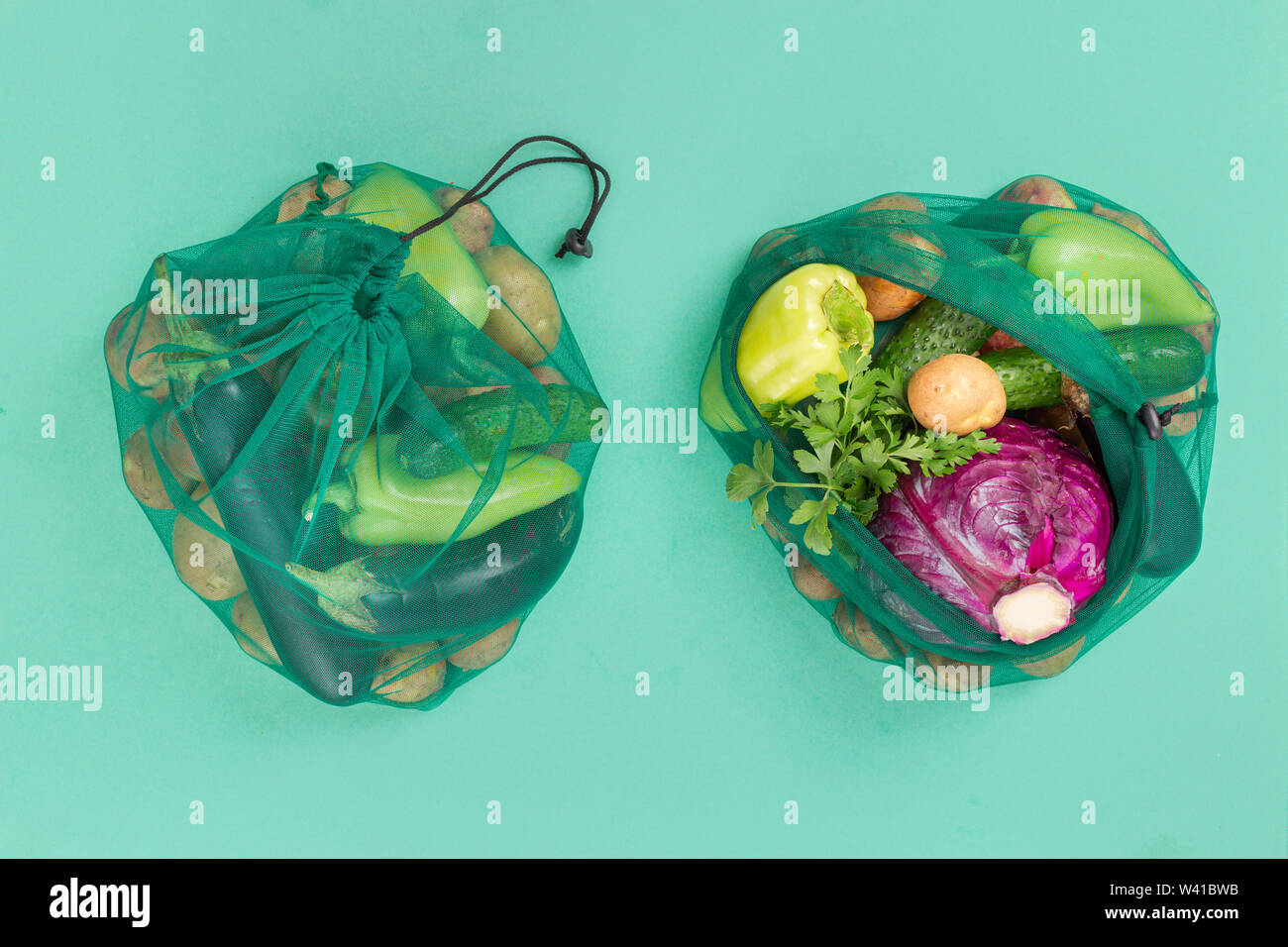 No plastic bag concept. Mesh bags for vegetables of healthy food, . Top view. Flat lay Stock