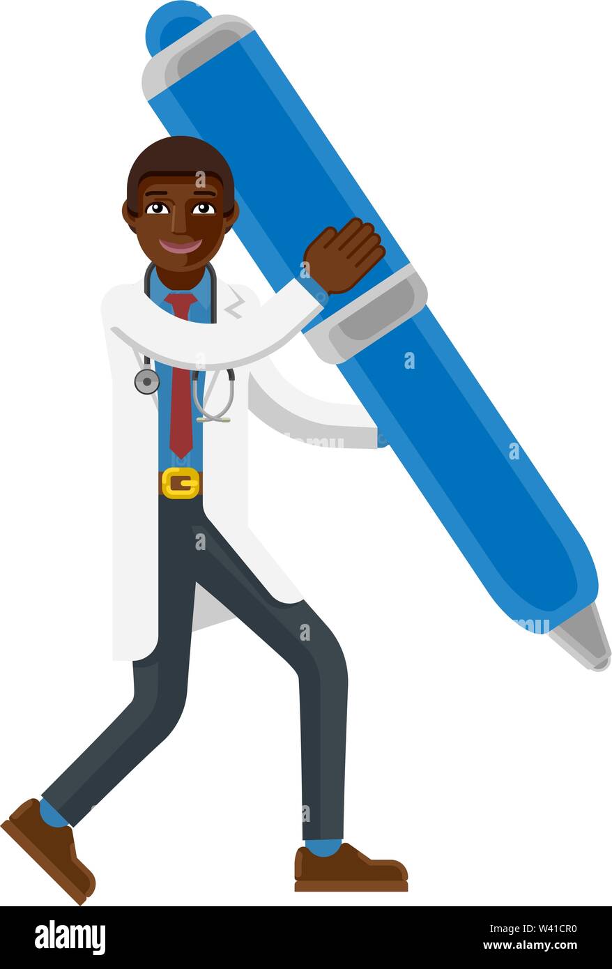 Black Doctor Man Holding Pen Mascot Concept Stock Vector