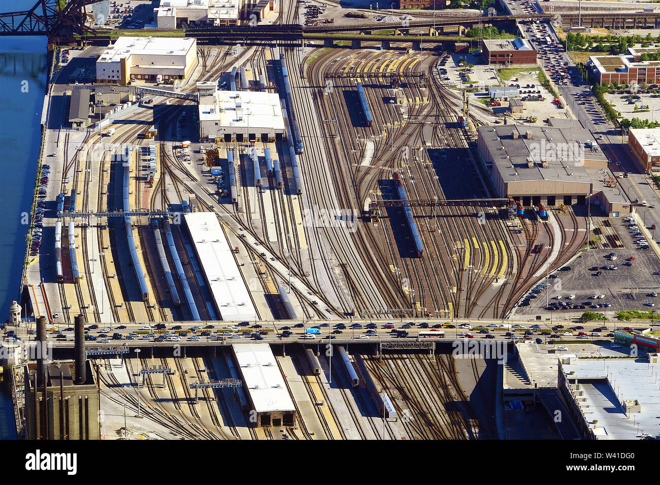 Aerial view of rail yard in Chicago Stock Photo