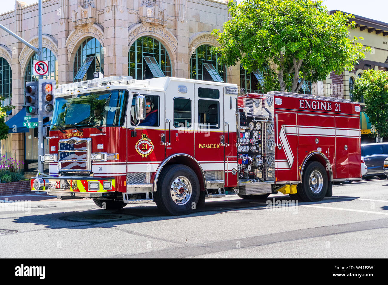 July 14, 2019 San Mateo / CA / USA - San Mateo Fire Department vehicle travelling through the city; San Francisco bay area Stock Photo