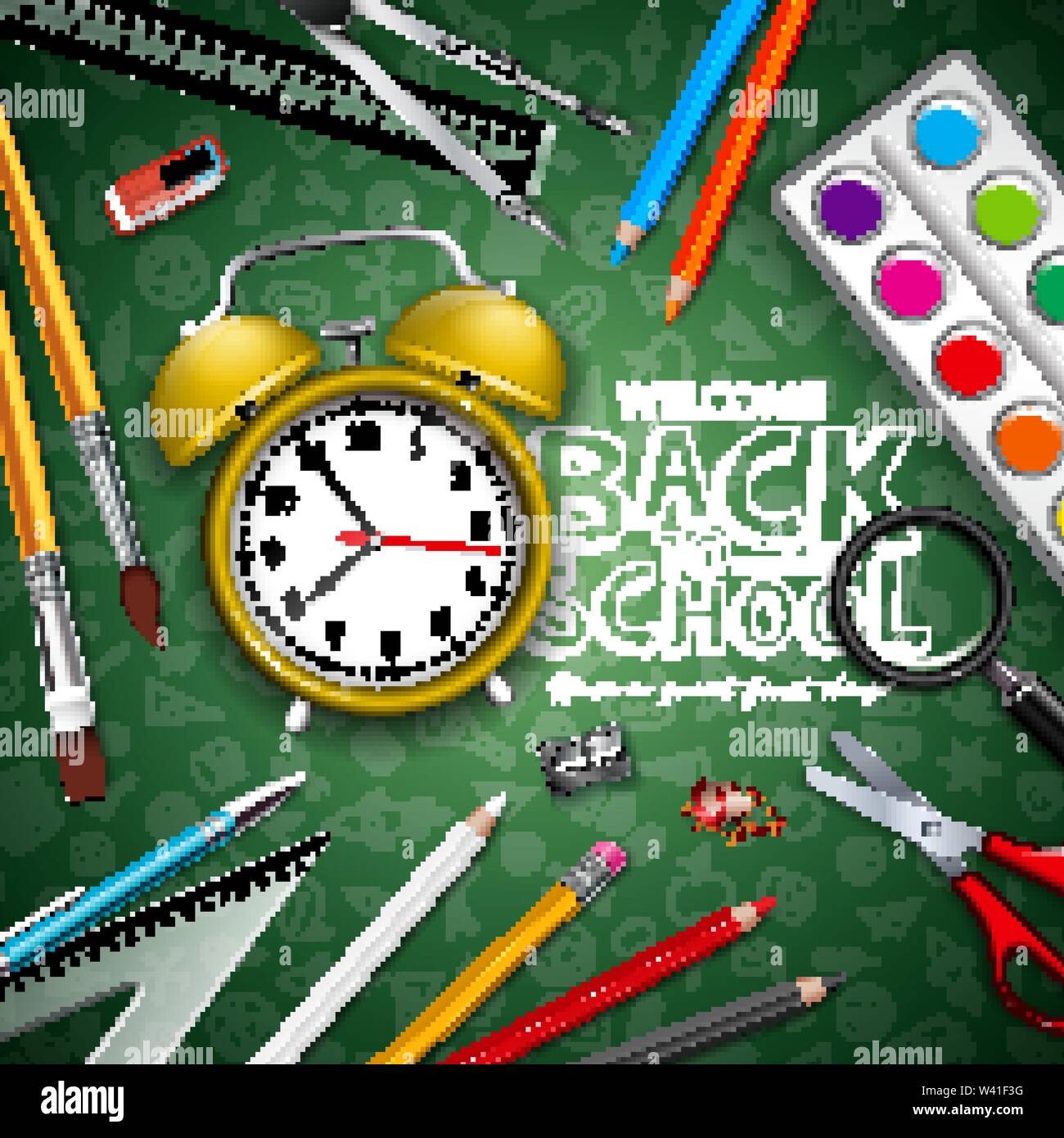 Back to school design with yellow alarm clock and typography on green ...
