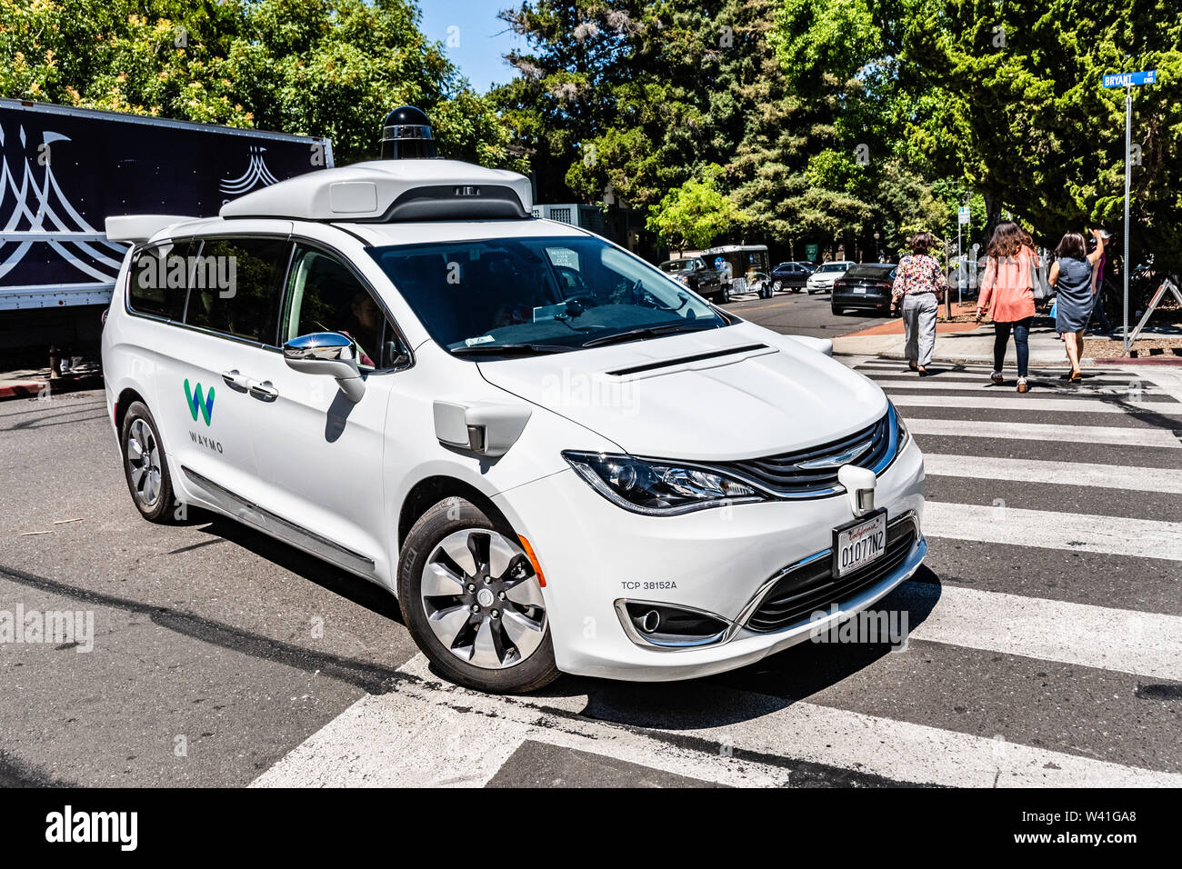 July 16, 2019 Mountain View / CA / USA - Waymo self driving car performing tests on a street near Google's offices, Silicon Valley; Waymo, a subsidiar Stock Photo