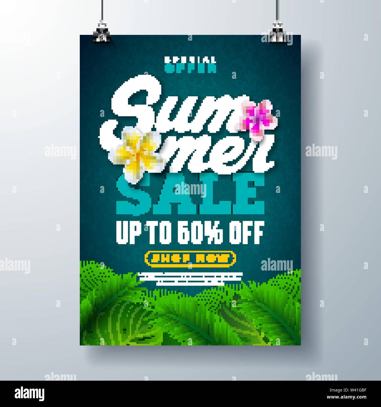 Summer Sale Poster Design Template with Flower and Exotic Palm Leaves ...