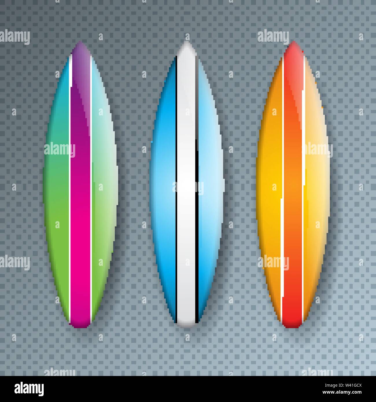Vector Illustration with Colorful Surf Board Collection Isolated on Transparent Background. Vector Holiday Design Elemets with Surfboard Set for Stock Vector