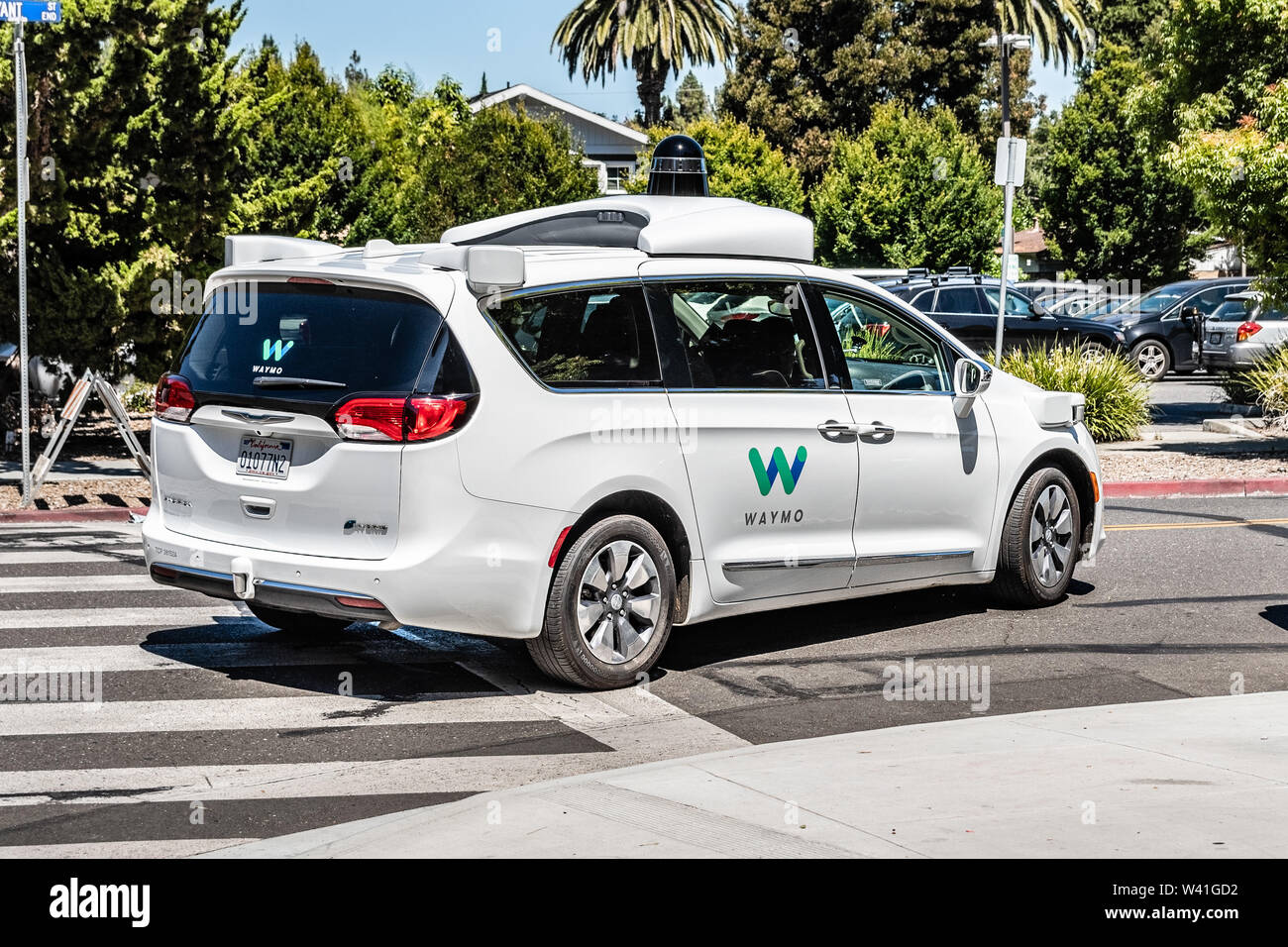 July 16, 2019 Mountain View / CA / USA - Waymo self driving car performing tests on a street near Google's offices, Silicon Valley; Waymo, a subsidiar Stock Photo