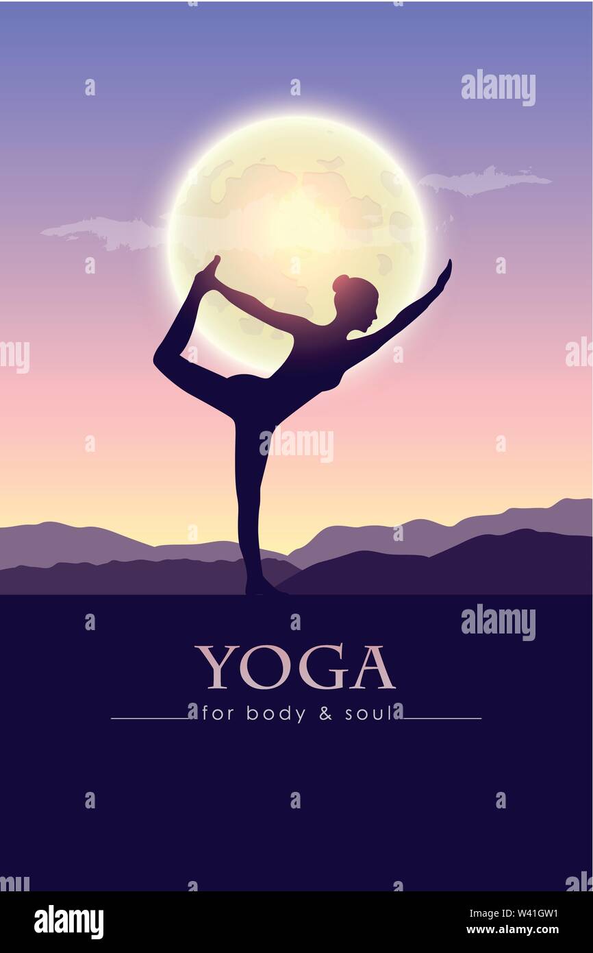 yoga for body and soul meditating person silhouette by full moon vector illustration EPS10 Stock Vector