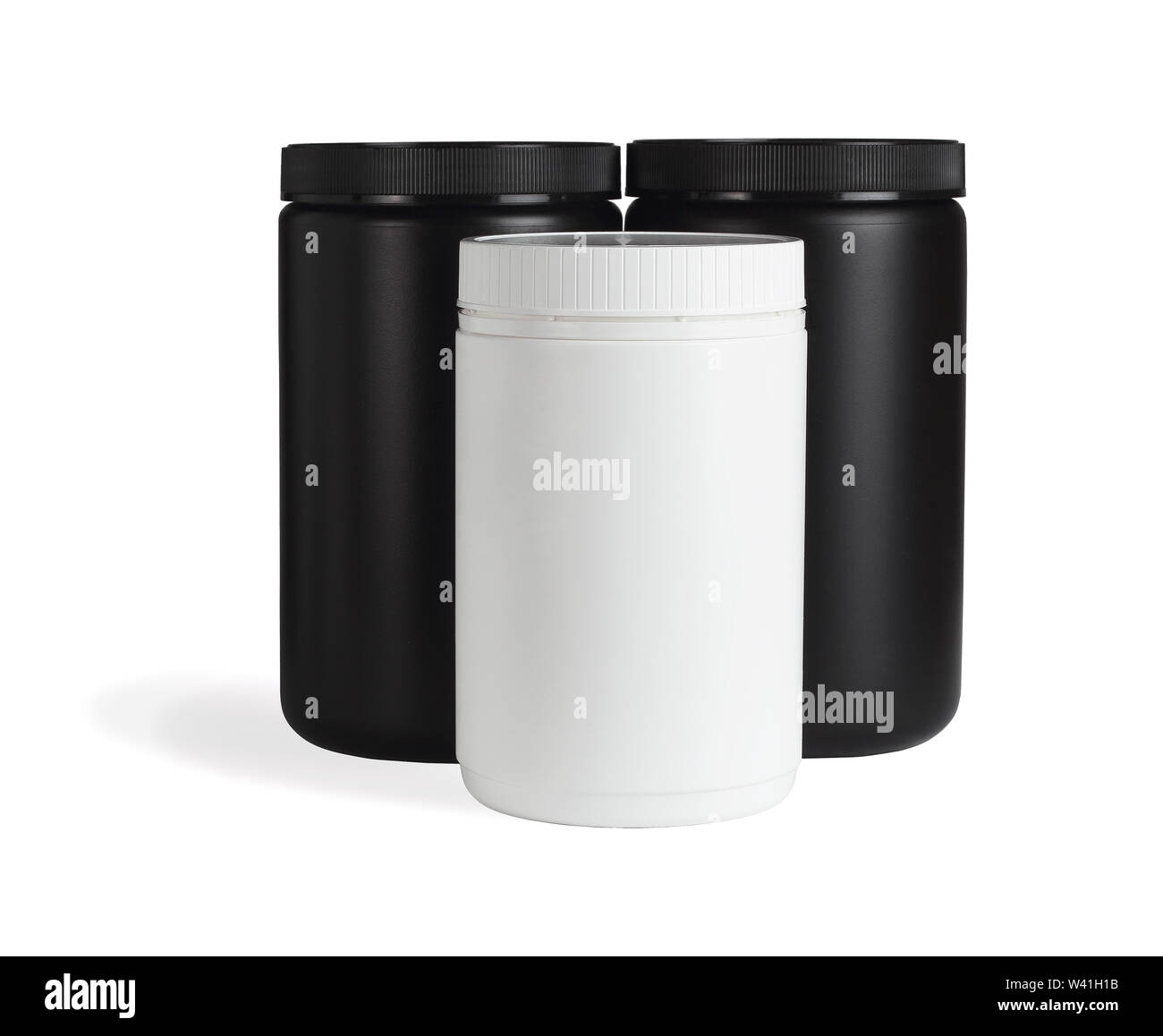 Three Cylindrical Shape Plastic Containers on White Background Stock