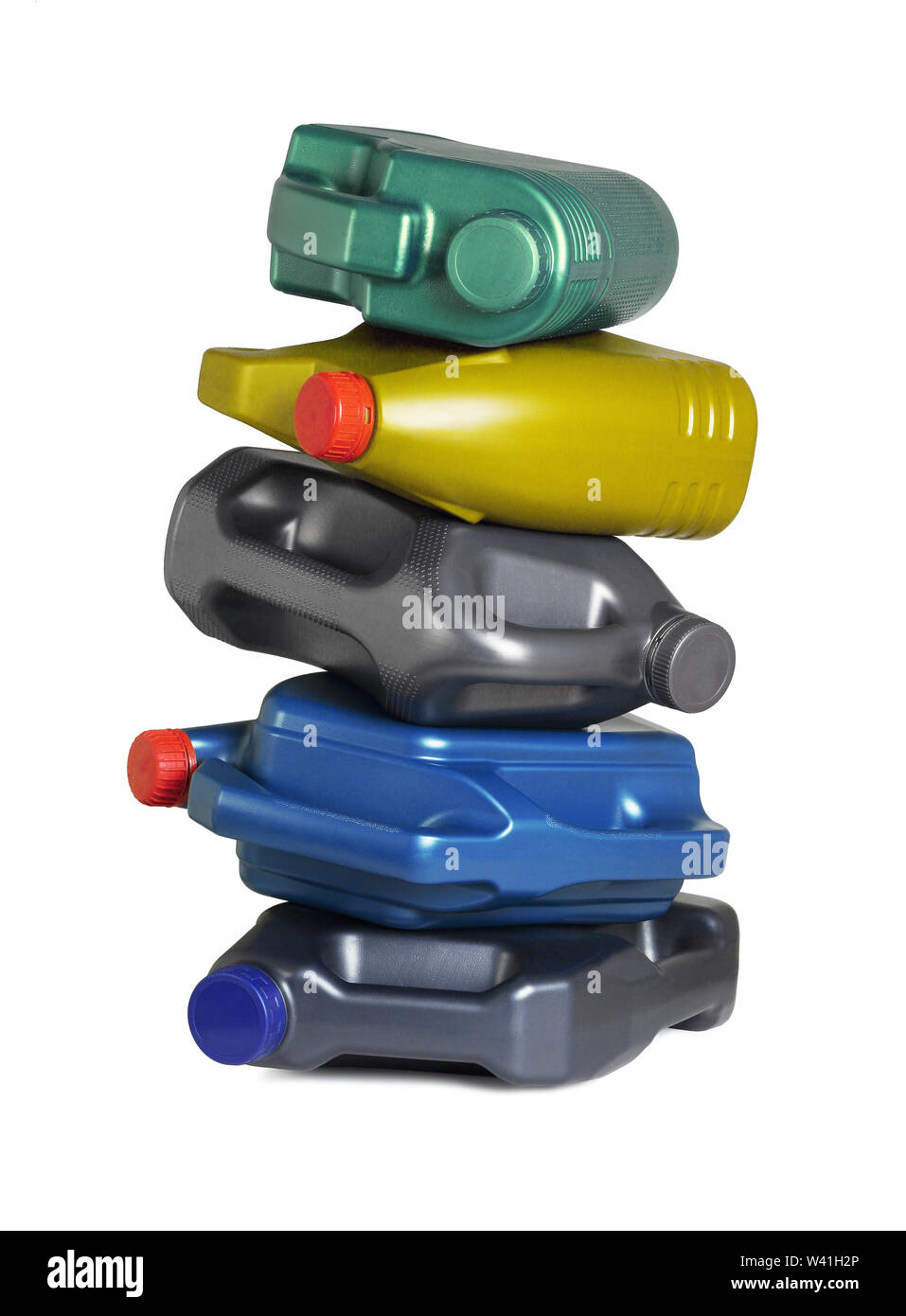 Stack of Empty Engine Oil Containers on White Background Stock Photo