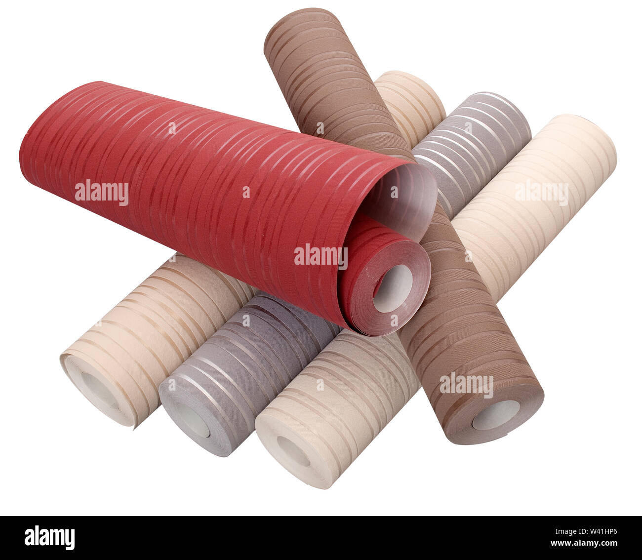 Rolls of wallpaper in different colors isolated on white background with clipping path Stock Photo