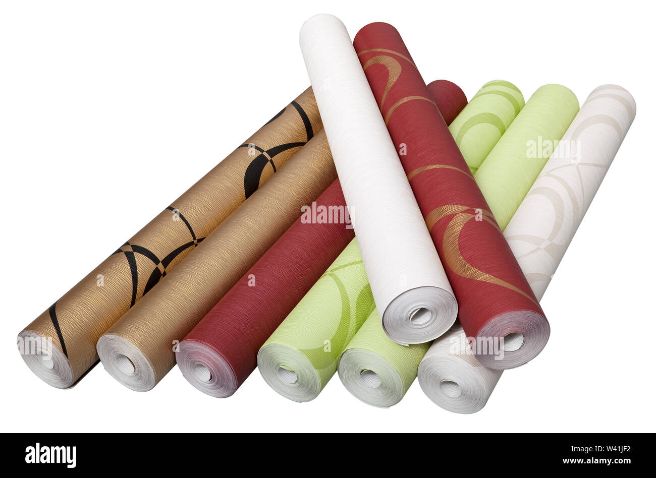 Different rolls of wallpaper isolated on white background with clipping path Stock Photo