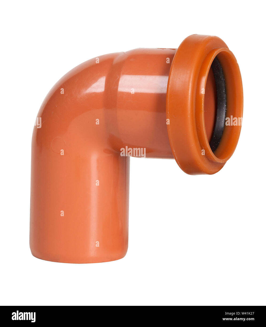 New orange PVC drain water pipe angled on 90 degrees on white