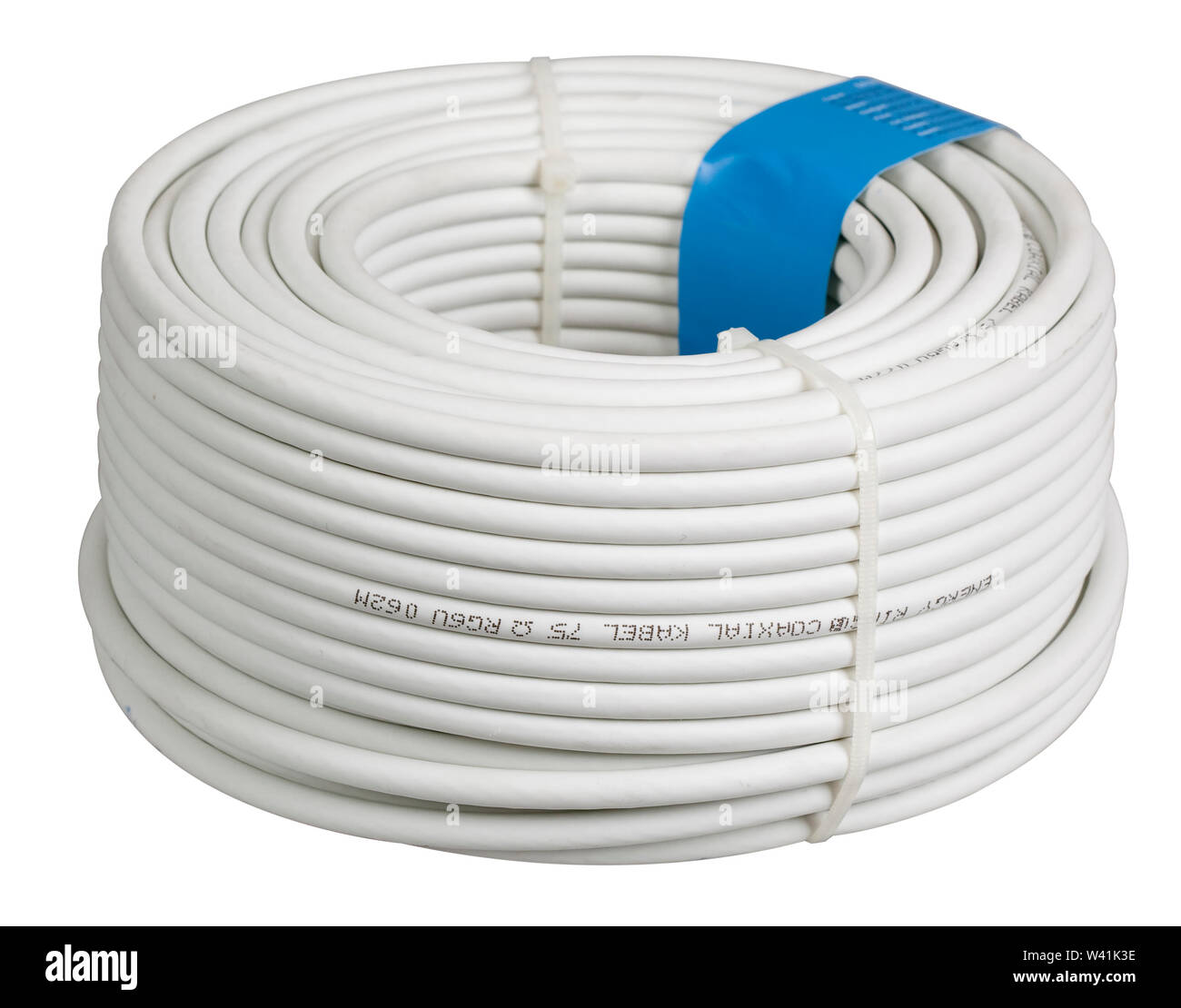 Roll of coaxial cable on a white background including clipping path