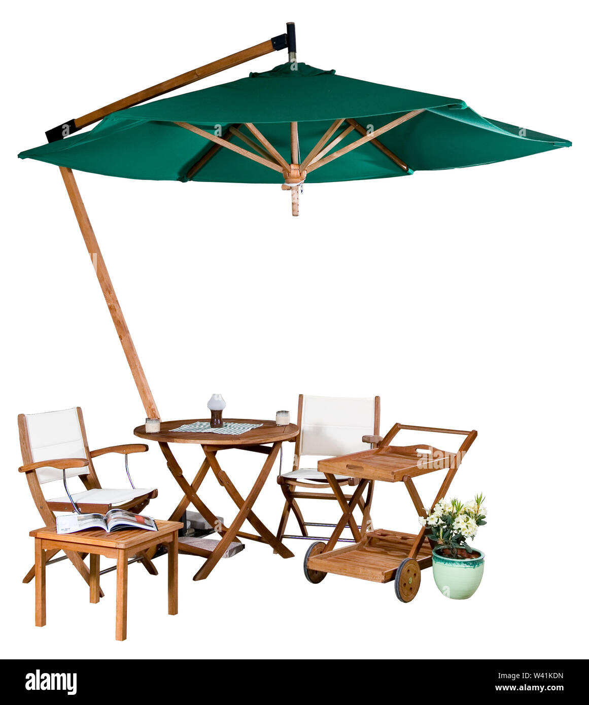 Wooden set of garden furniture under big garden umbrella isolated on white Stock Photo