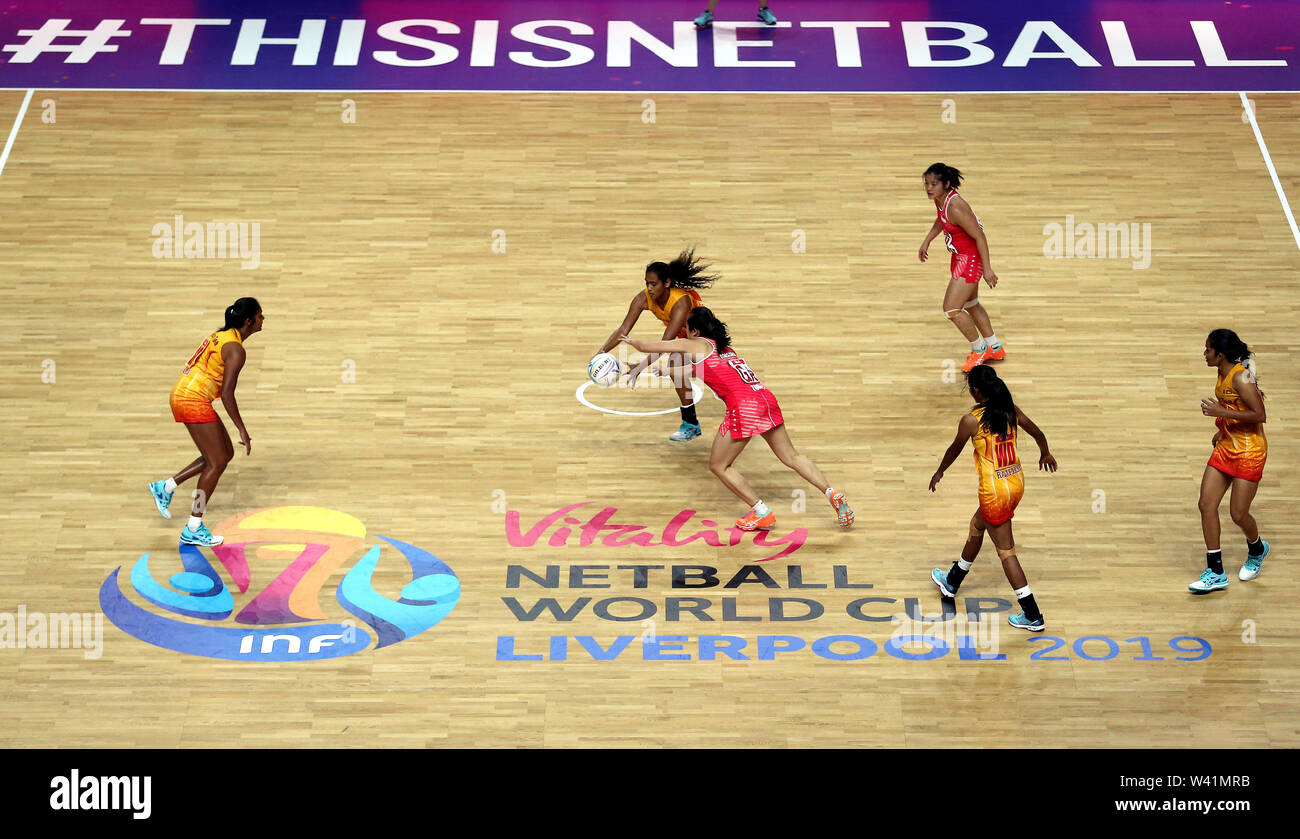 A general view of match action against Sri Lanka and Singapore during the netball World Cup match at the M&S Bank Arena, Liverpool. Stock Photo