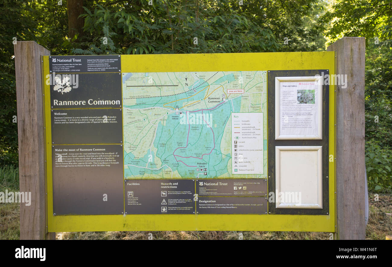 national trust sign and map for ranmore common in surrey Stock Photo