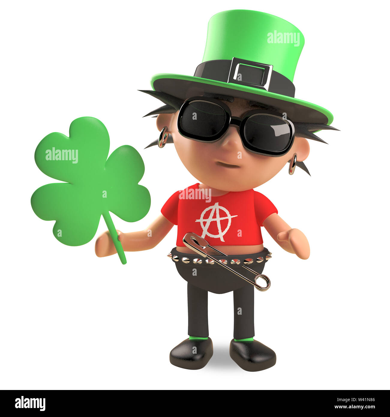Lucky Irish punk rocker with spikey hair wearing a green leprechaun hat and holding shamrock, 3d illustration render Stock Photo