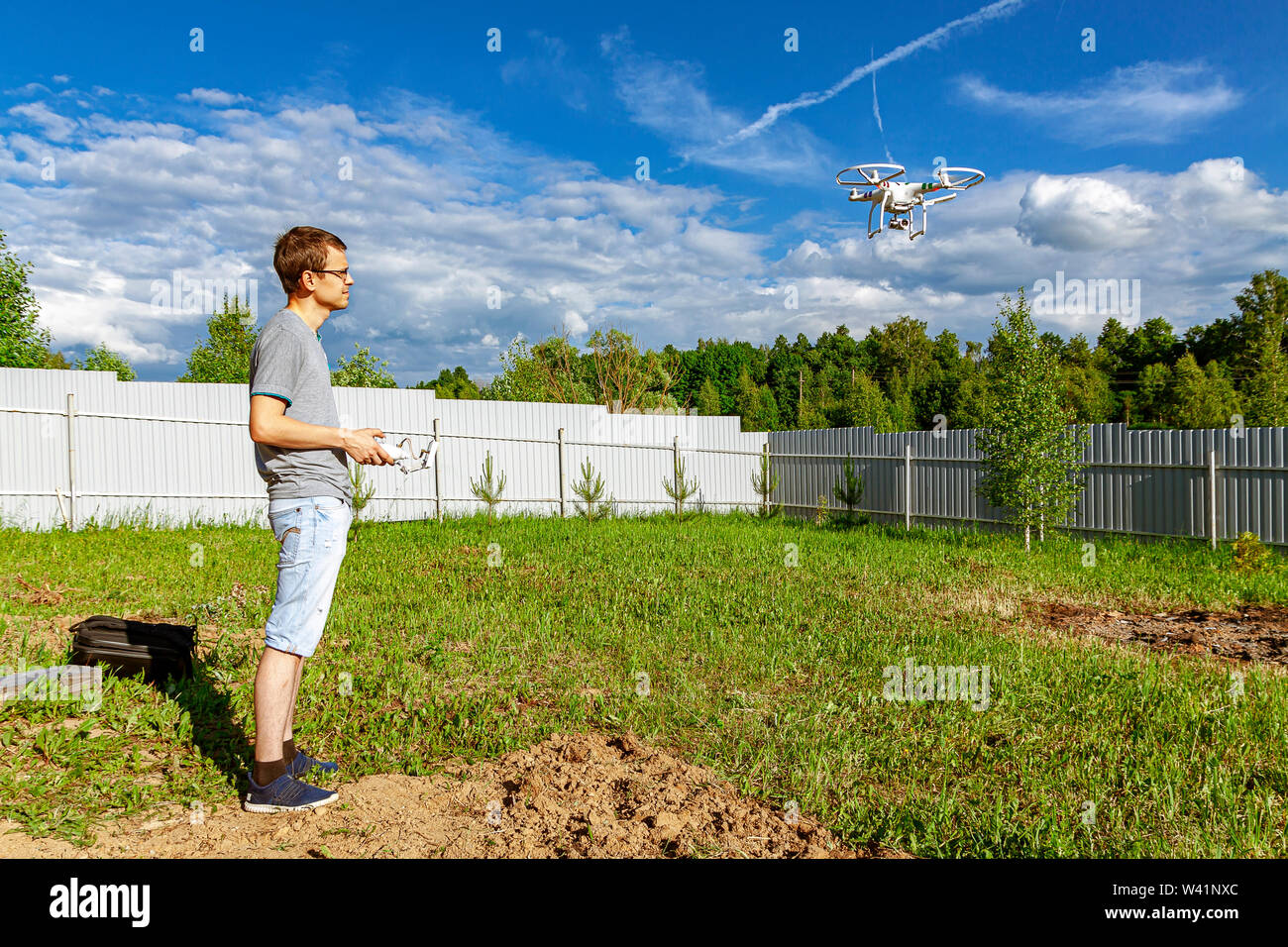 Maloyaroslavets Russia 06.02.2019 A man controls a quadcopter in nature. Stock Photo
