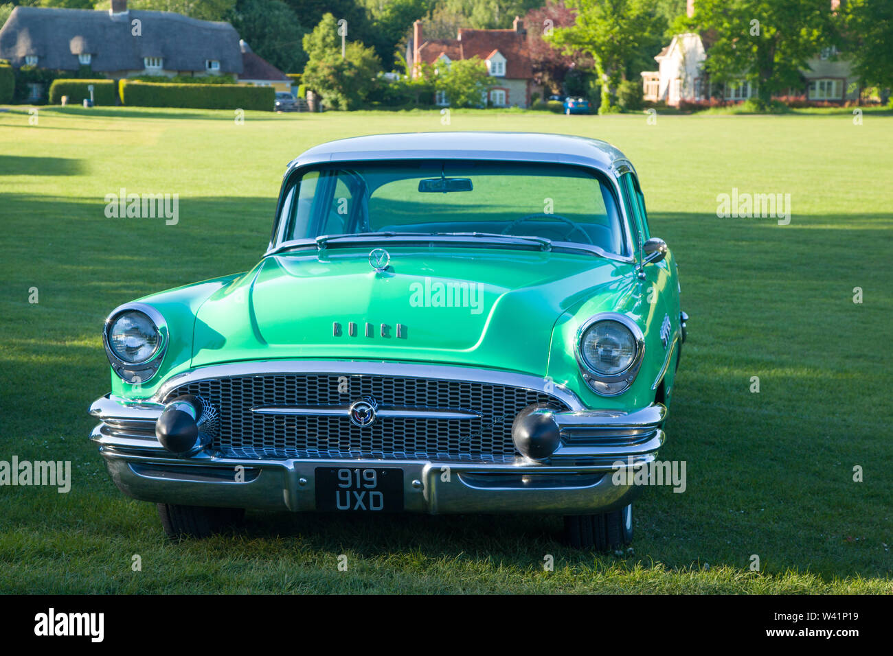 A classic fifties American 1955 Buick Roadmaster 2 Door Sedan car on the Green at Warborough, Oxfordshire Stock Photo