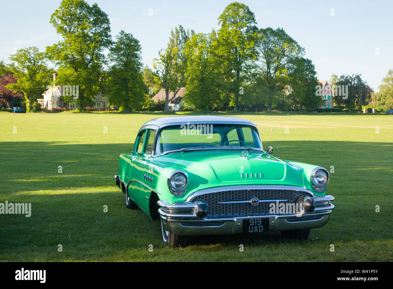 A classic fifties American 1955 Buick Roadmaster 2 Door Sedan car on the Green at Warborough, Oxfordshire Stock Photo