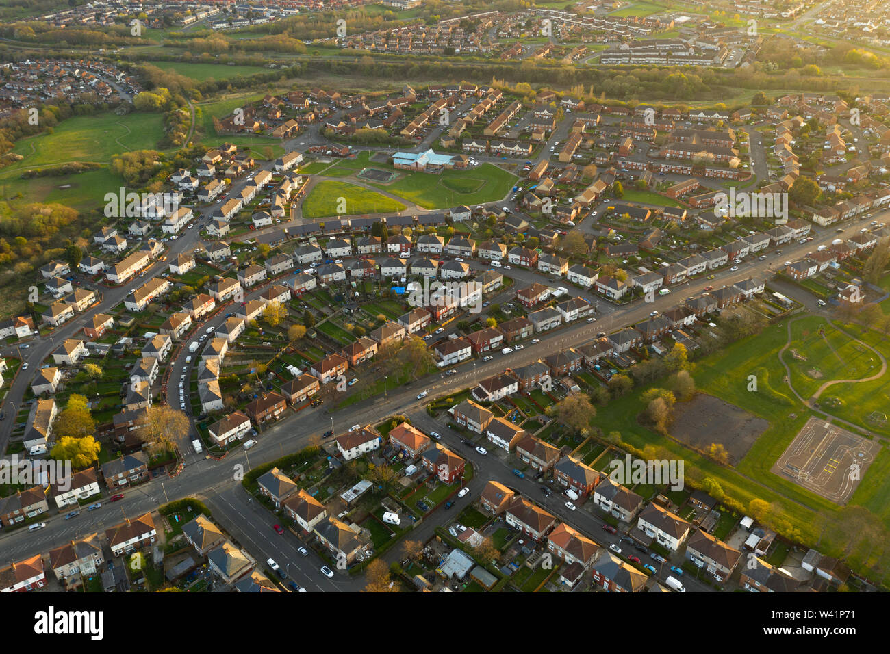 Looking down onto a typical British housing estate based in the Norton area of Stockton-on-Tees, Teesside, England, during sunset in Summertime. Stock Photo