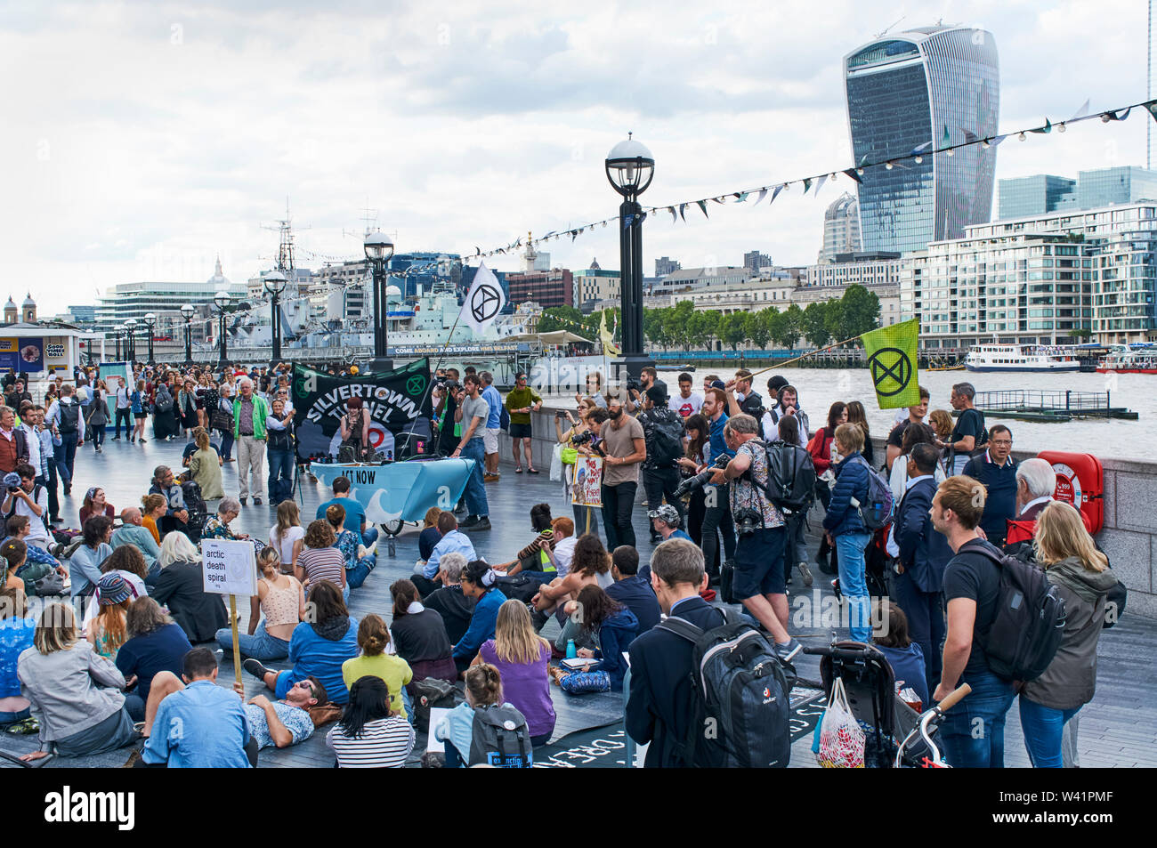 The Extinction Rebellion gathering outside City Hall on London's South Bank, on the 18th July 2019 Stock Photo