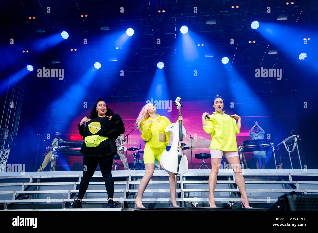 Bergen, Norway - June 14th, 2019. The British electronic music group Clean Bandit performs a live concert during the Norwegian music festival Bergenfest 2019 in Bergen. Here cellist Grace Chatto (C) is seen live on stage with singer Yasmin Green (L) and Kirsten Joy (R). (Photo credit: Gonzales Photo - Jarle H. Moe). Stock Photo