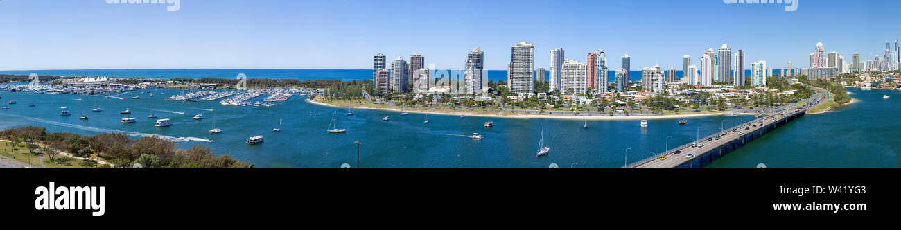 Full panorama view of Surfers Paradise, the city of Gold Coast, Queensland, Australia, taken on a beautiful sunny day Stock Photo