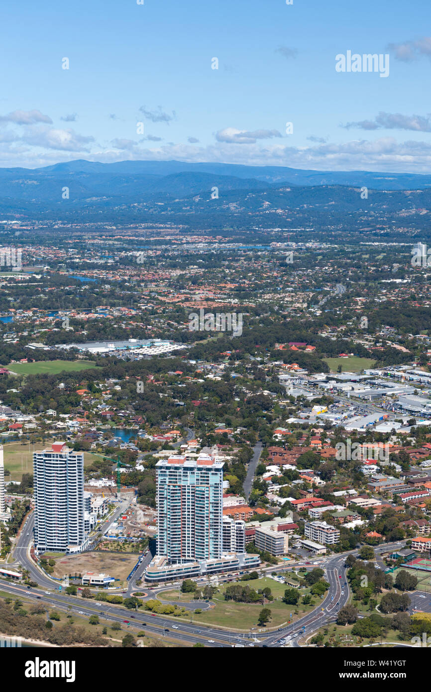 Aerial shot of the skyline and part of the neighbourhood of  Surfers Paradise in the city of Gold Coast, Queensland Australia Stock Photo