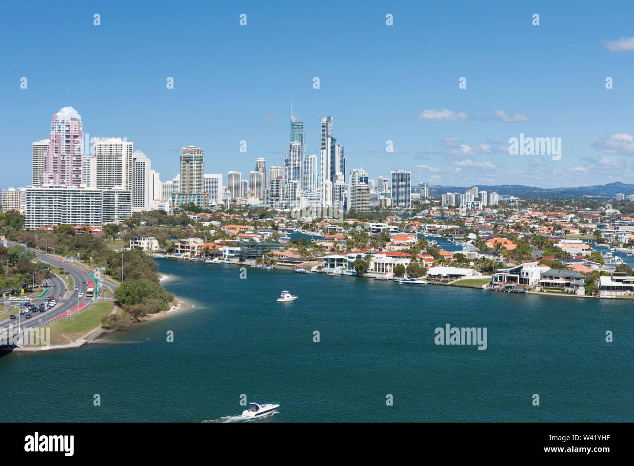 Aerial shot of a beautiful city Gold Coast, the area Surfers Paradise in Queensland, Australia Stock Photo